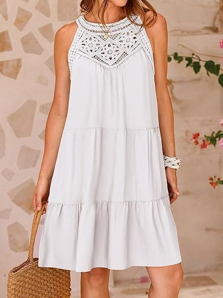 Women's airy summer dress with lace trim and wide hem, size [size]