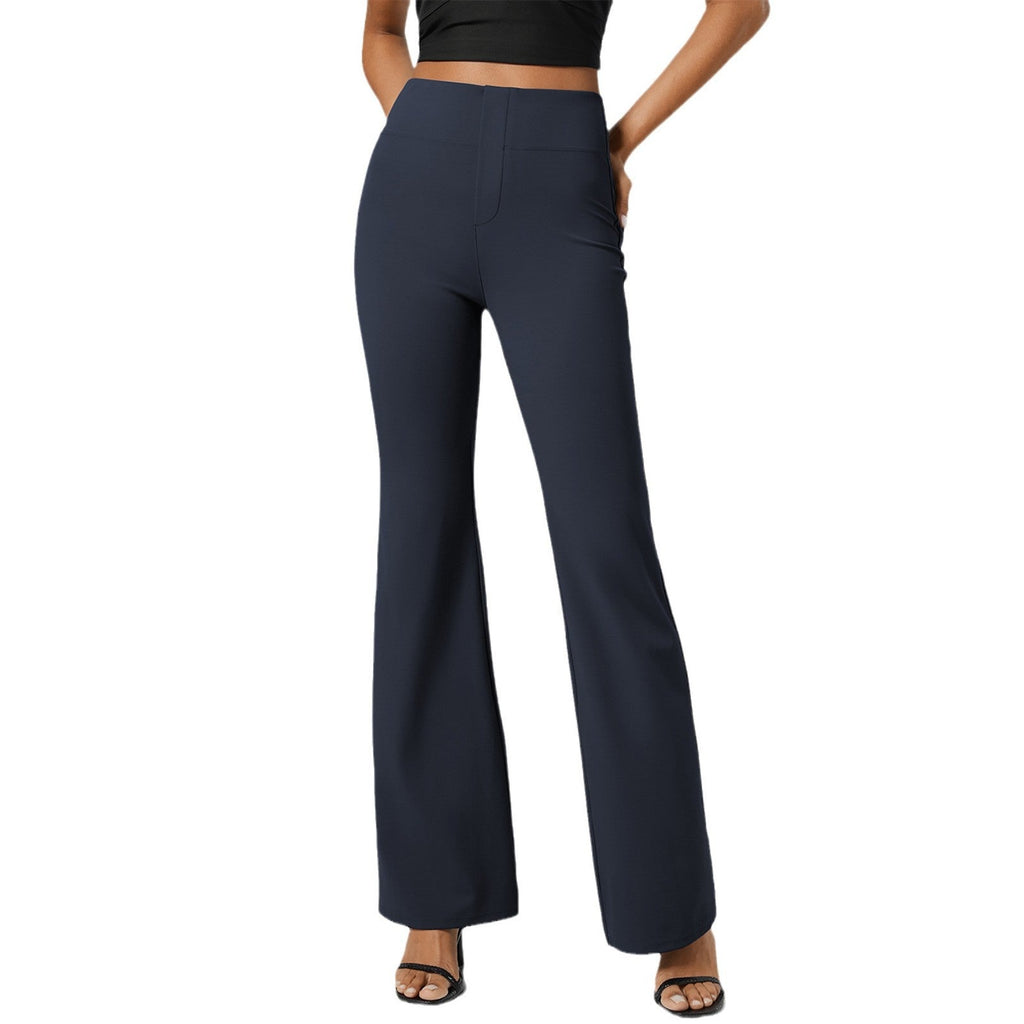 Women's high-waisted flared trousers with elasticated waistband and figure-flattering design, size S