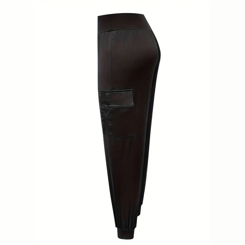Women's satin cargo trousers with elasticated waistband and practical pockets, size
