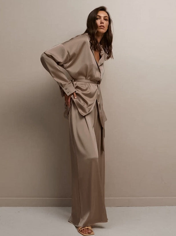 Valenzora | Two-piece French V-neck nightwear Wide-leg trousers