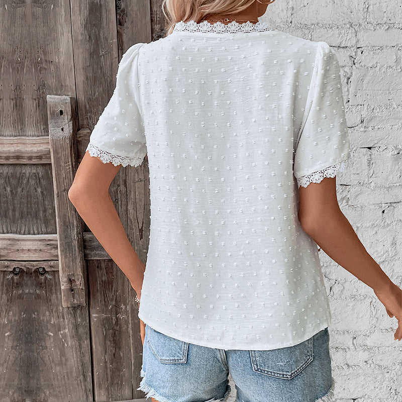 Women's short-sleeved blouse with lace trim and textured design, size S