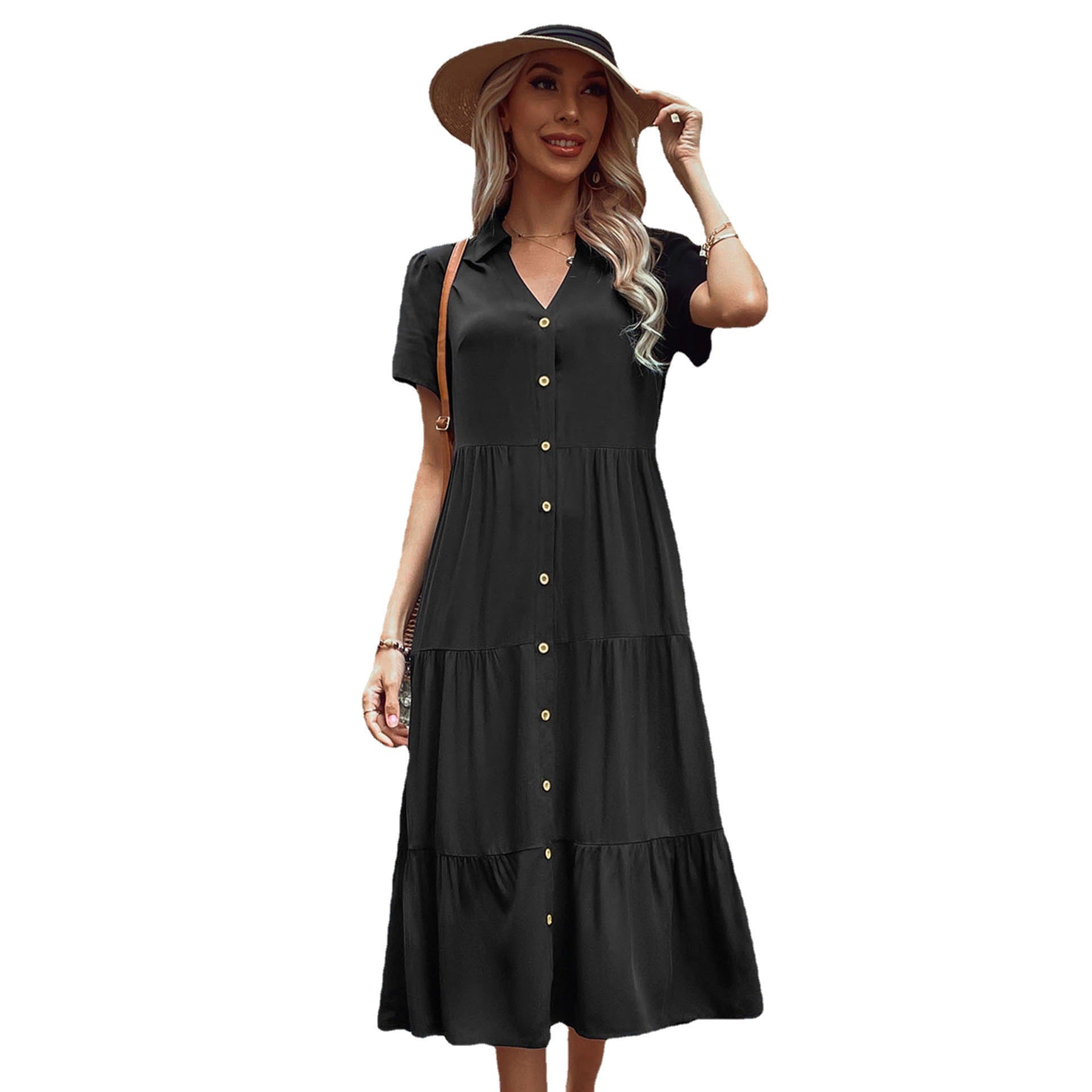 Damen Hemdblusenkleid mit eleganten Knopfdetails und voluminösem Rock Drune