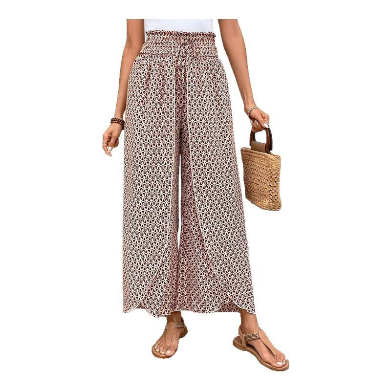 Women's wide-leg summer trousers with floral pattern and elasticated waistband, size