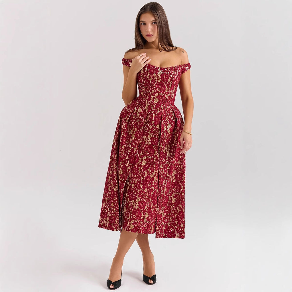 Women's evening dress with off-the-shoulder design and exquisite lace, size