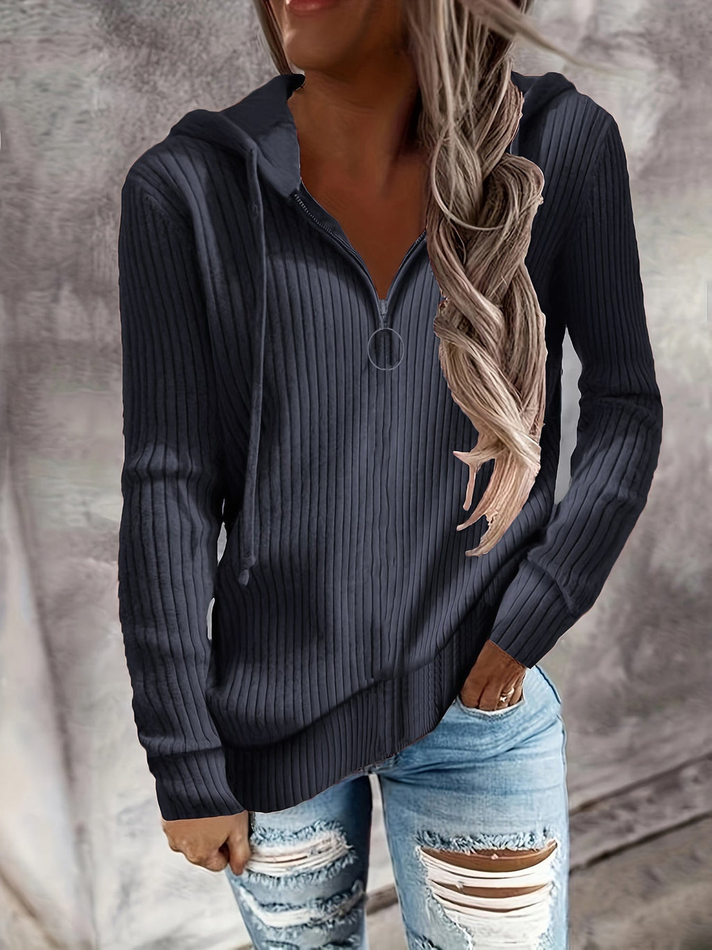 Damen-Kapuzenjacke mit Reißverschluss und lässigem Rippstrick-Design, Größe S