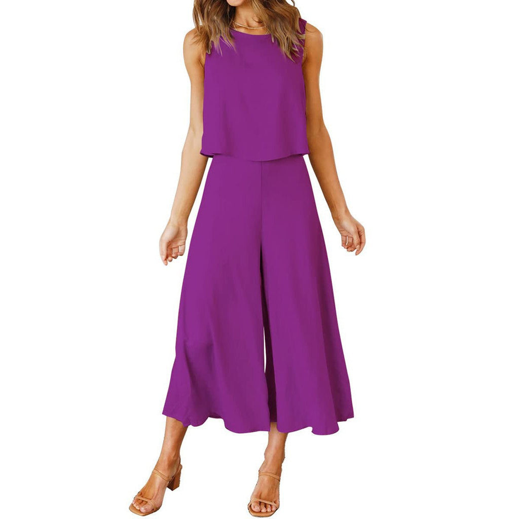 Women's airy jumpsuit with flared leg and sleeveless design, size S