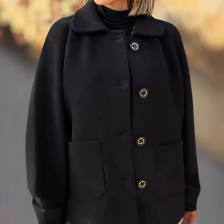 Women's soft wool jacket with shoulder yoke and button details, size