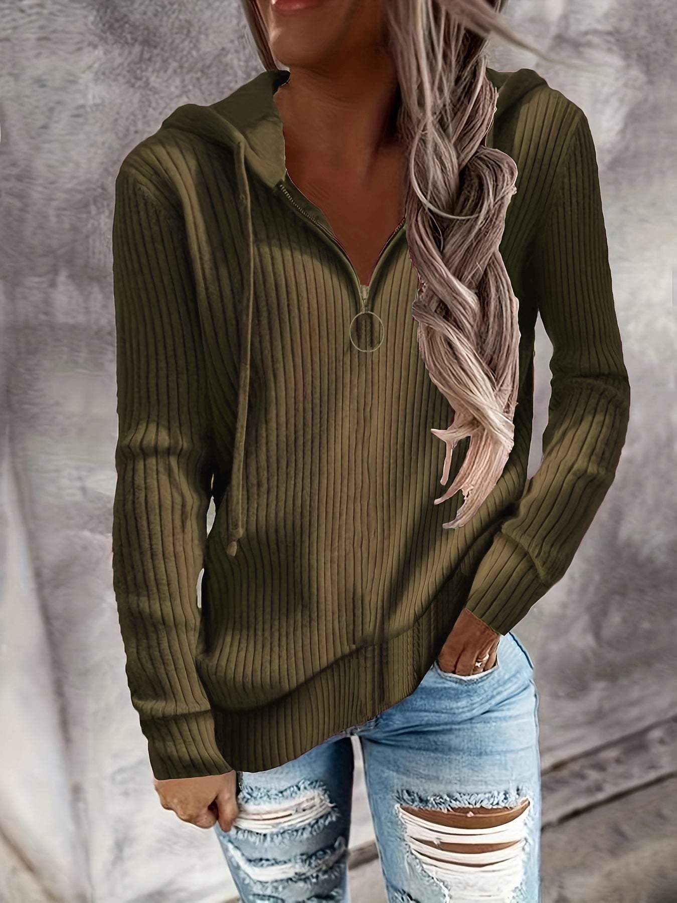 Damen-Kapuzen-Sweatshirt in elegantem Rippstrickdesign mit praktischem Reißverschluss, Größe [Größenangabe fehlt]
