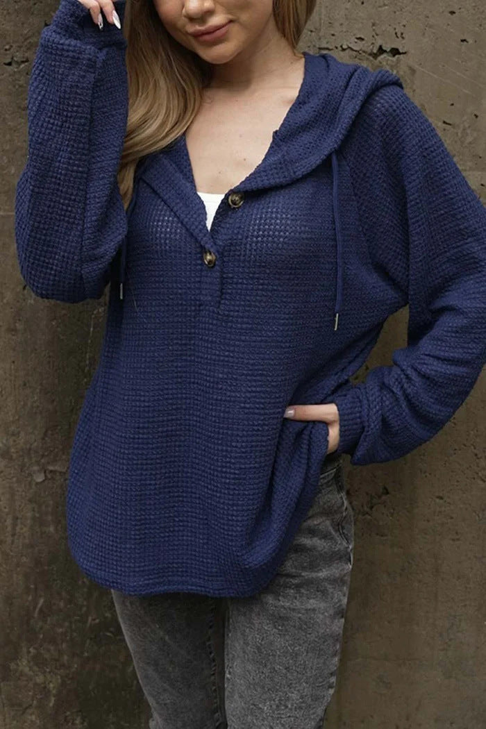 Valenzora | Solid Color Button Drawstring Loose Long Sleeve Hoodie