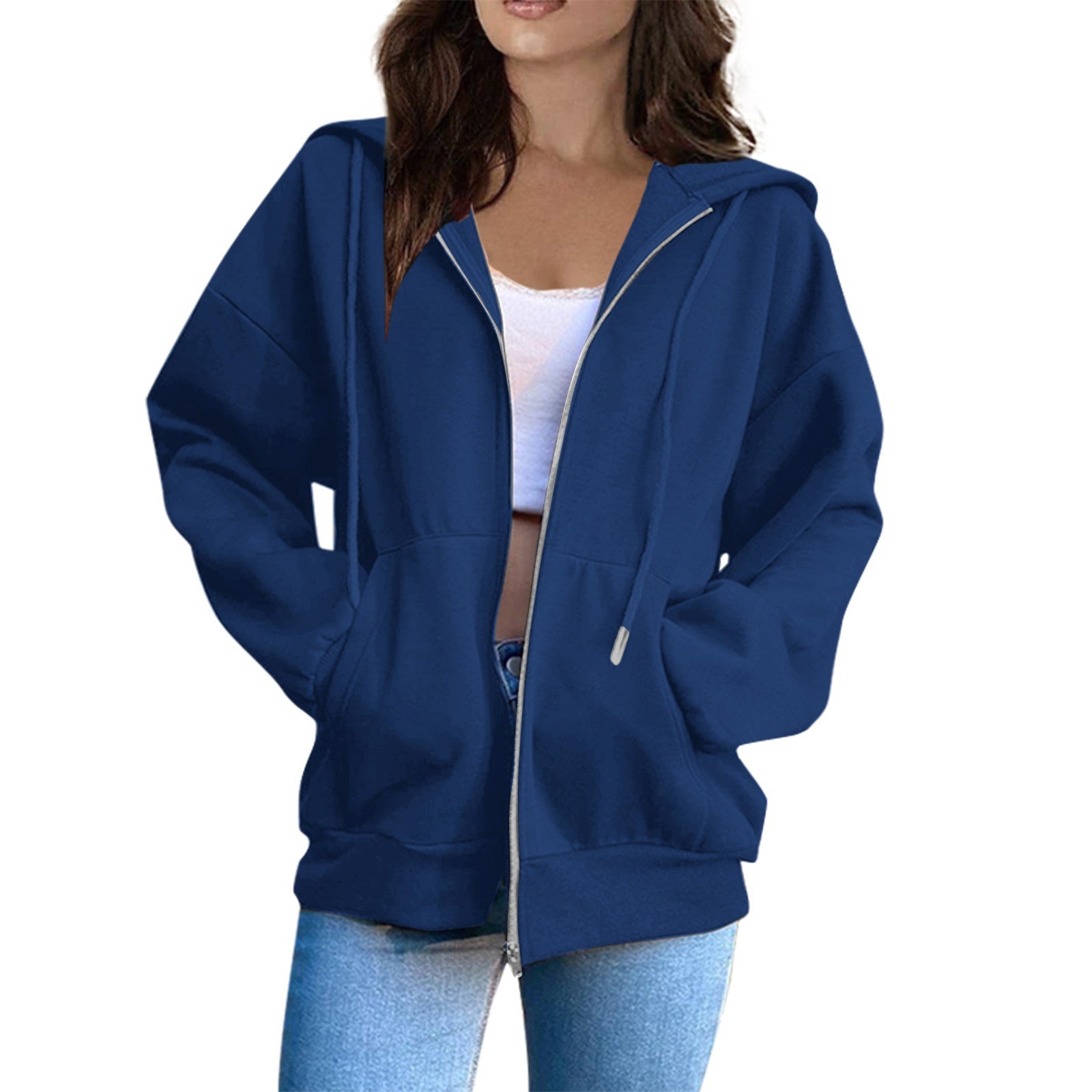Valenzora Zip-up Oversized Solid Pocket Hooded Long Sleeve Loose Baseball Jacket