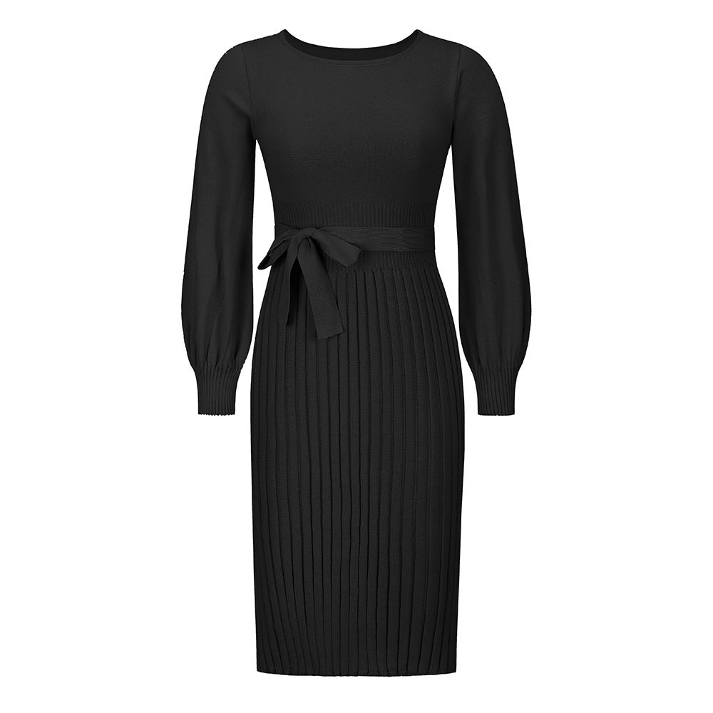 Women's knitted dress with adjustable belt and long sleeves, size