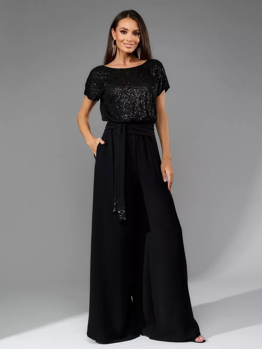 Women's glamorous jumpsuit with glittery top and wide-legged trousers, size