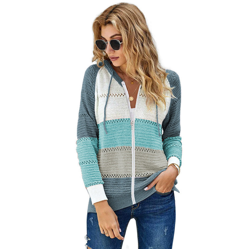 Women's casual cardigan with hood and decorative openwork pattern, size