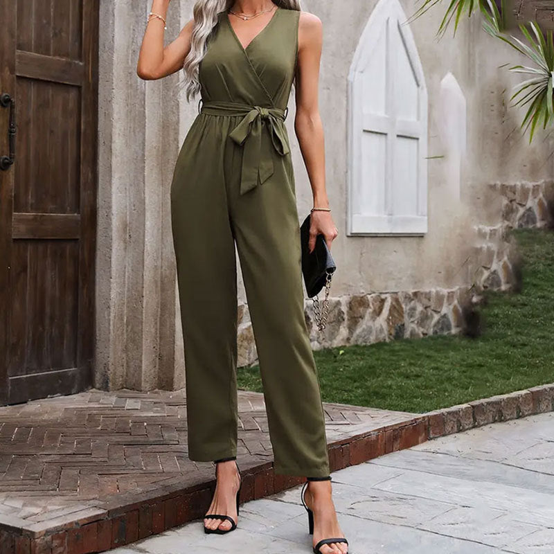 Women's elegant wrap jumpsuit with waist belt, size