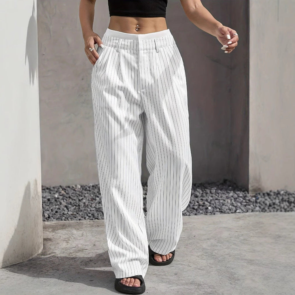 Women's Elegant Wide-Leg Pinstripe High-Waisted Trousers, Size