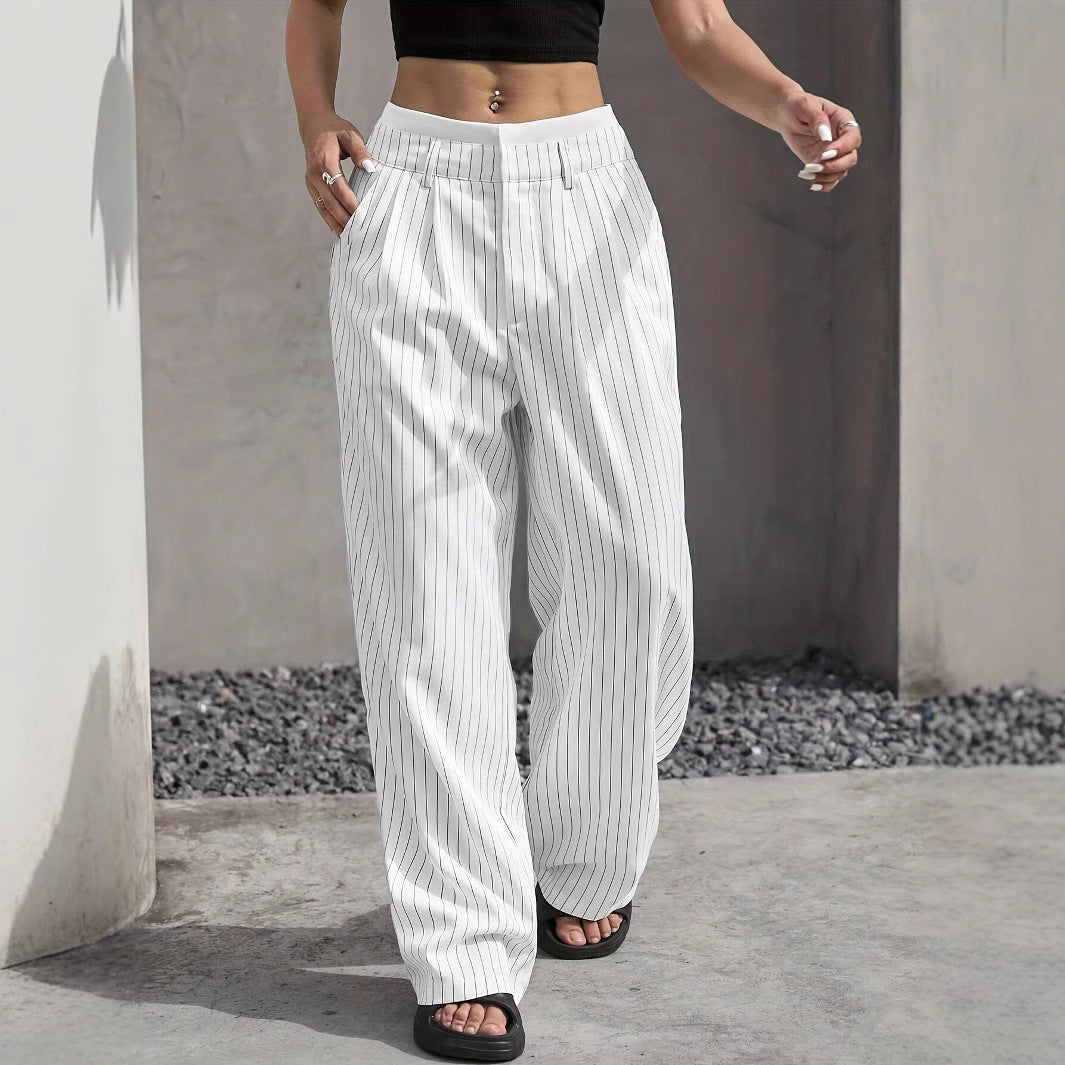Women's Elegant Wide-Leg Pinstripe High-Waisted Trousers, Size