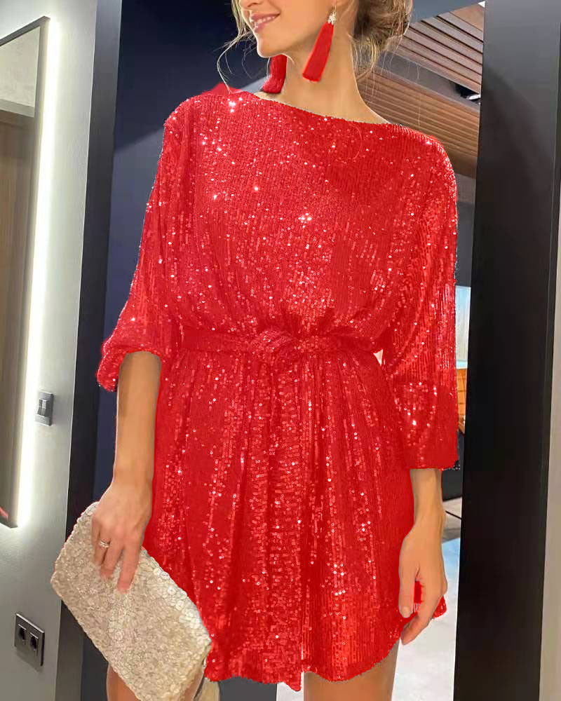 Valenzora | Holiday party wear sequined waist belt dress