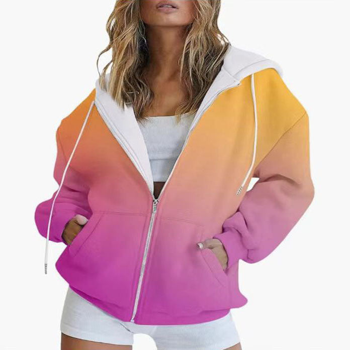 Women's hooded jacket with gradient color scheme and deep pockets, size