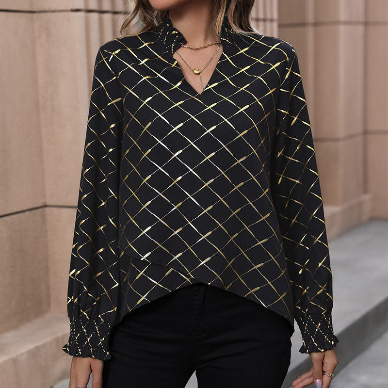 Women's blouse with elegant diamond pattern and puff sleeves, size
