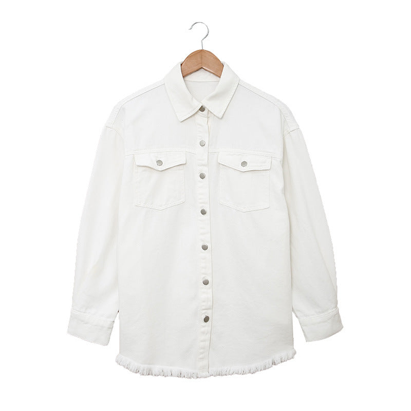 Women's denim shirt jacket with rounded hem and detachable pockets, size S