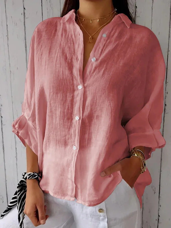 Women's casual linen blouse with button placket and side pockets, size