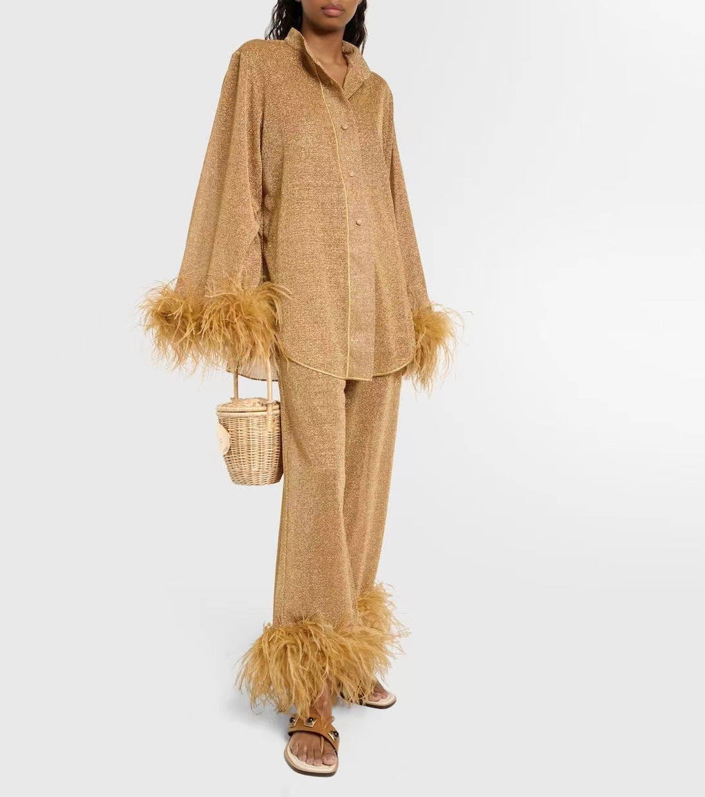 Valenzora | Autumn Winter Feather Stand-up Collar Long Sleeve Top and Trousers Set