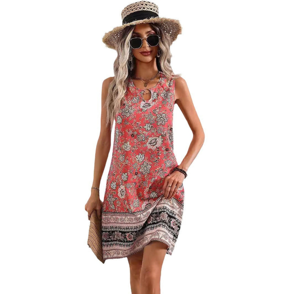 Damen ärmelloses Sommerkleid mit modischem Schlüssel-Ausschnitt und floralem Muster Drune