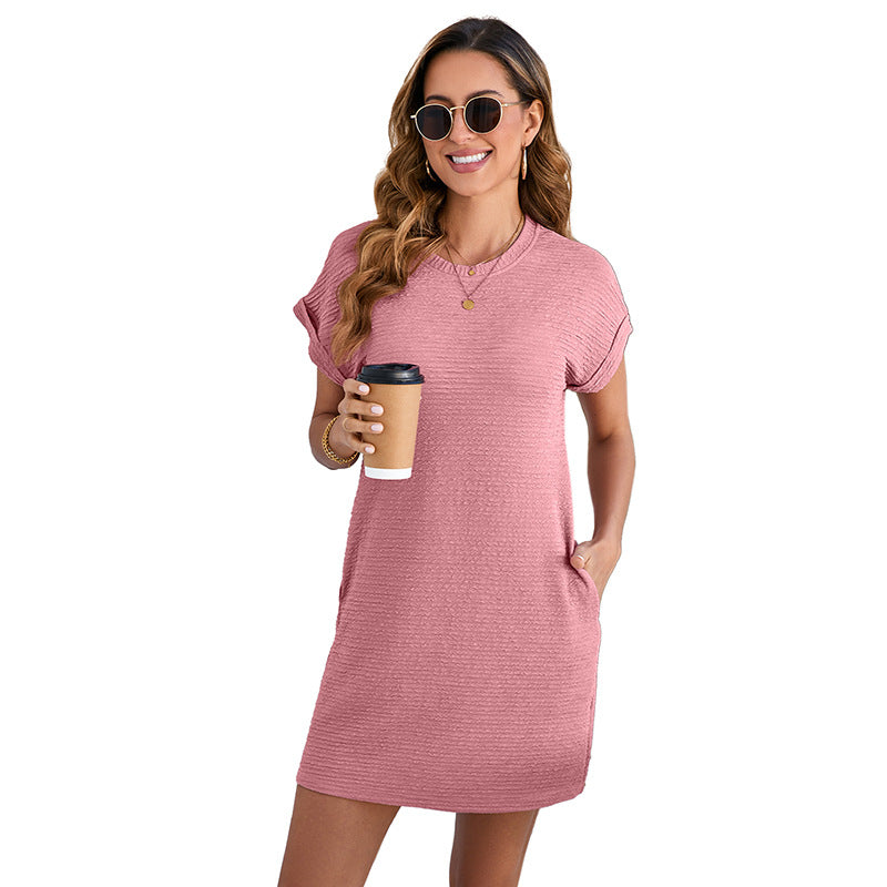 Women's casual dress with textured outer fabric and practical pockets, size S