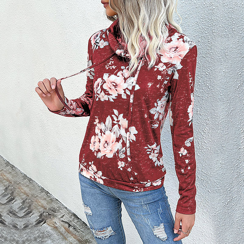Women's hooded sweatshirt with floral pattern and modern roll neck, size