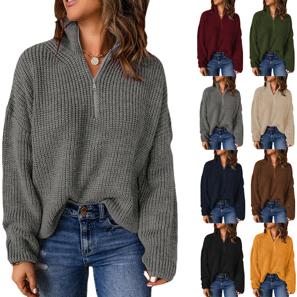 Women's chunky knit sweater with stand-up collar and zipper, size