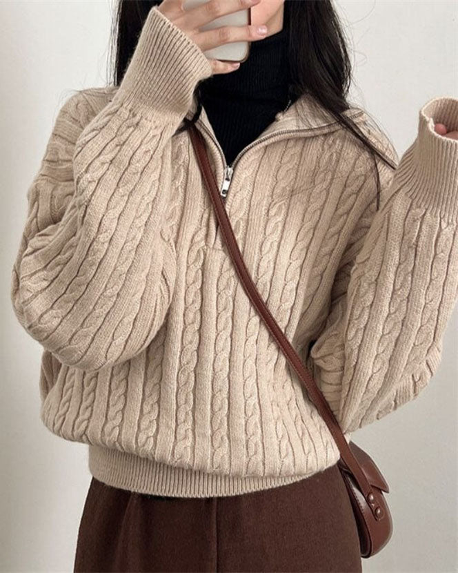Valenzora Vintage Rollkragen-Reißverschluss-Twist-Strickpullover