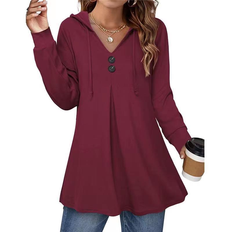 Women's hooded sweatshirt with button placket and flared cut, size