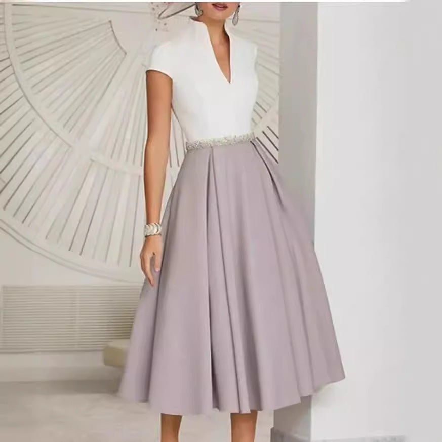 Valenzora | White color block V-neck flared summer dress