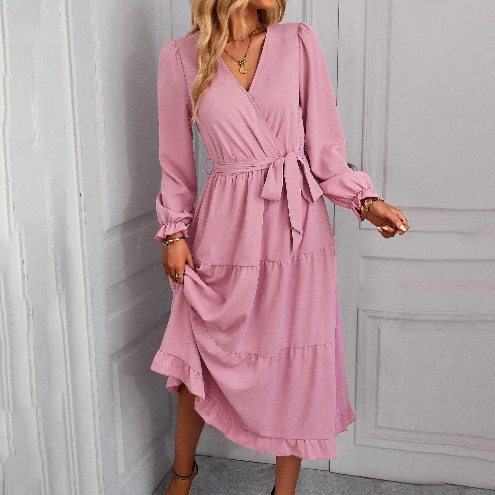 Women's wrap dress with ruffles and waist belt, size