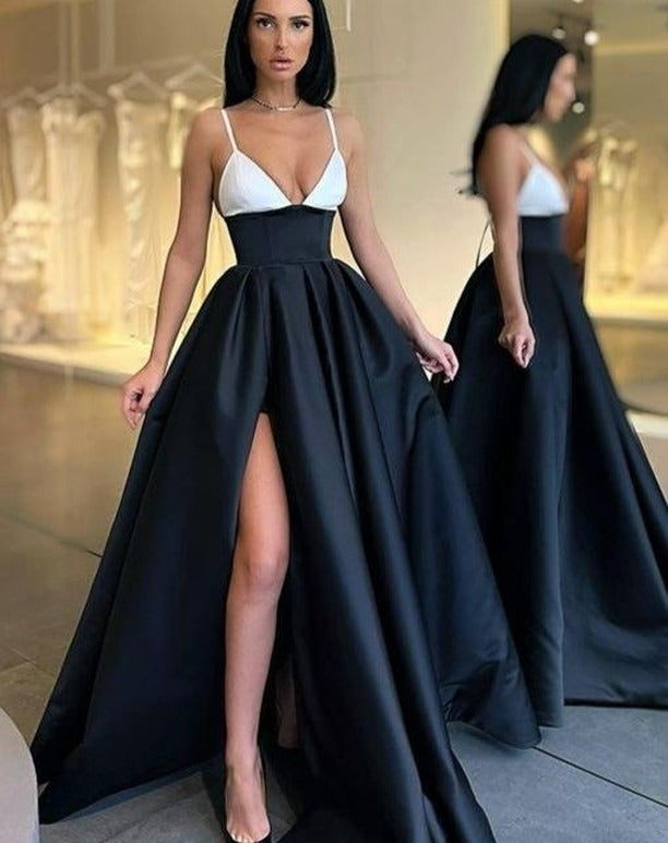 Women's evening dress with a daring leg slit and elegant V-neck, size [size missing]