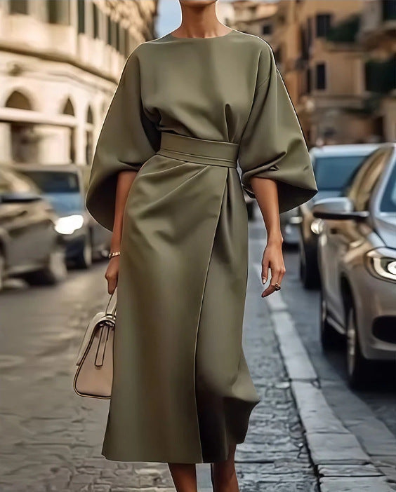 Women's elegant maxi dress with puff sleeves and a tailored cut, size [size missing]