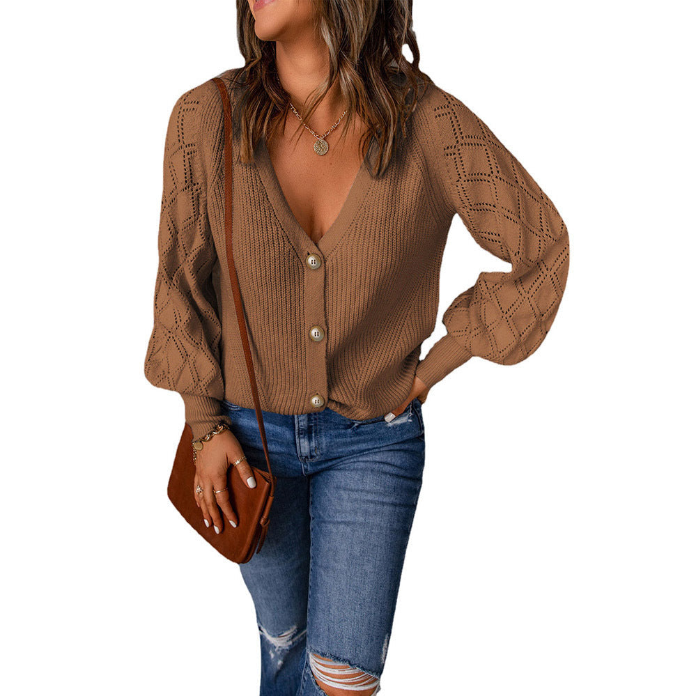 Damen Cardigan mit V-Ausschnitt und Puffärmeln, Größe