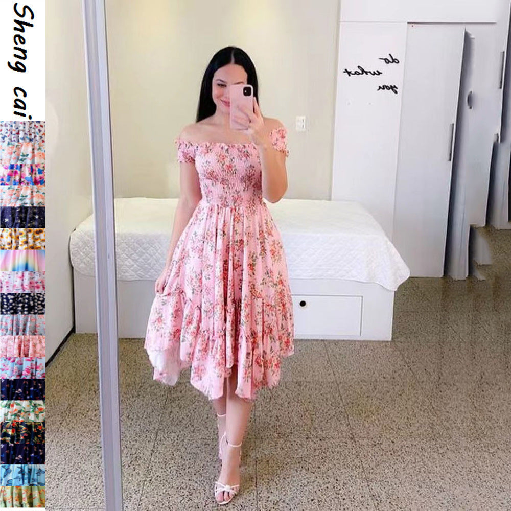 Damen-Sommerkleid, schulterfrei, mit buntem Schmetterlingsmuster und fließenden Falten, Größe S