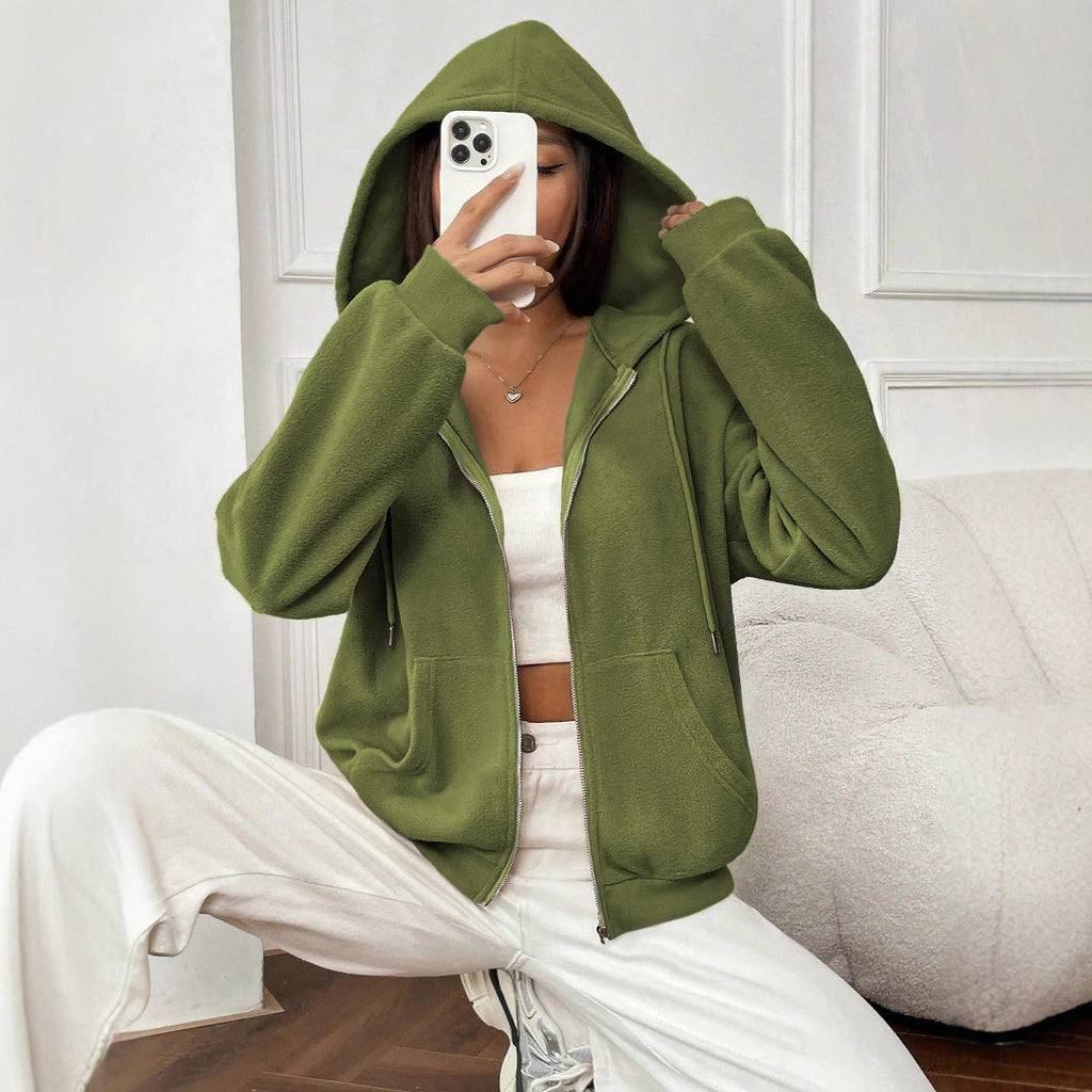Women's fleece jacket with hood and practical pockets, size