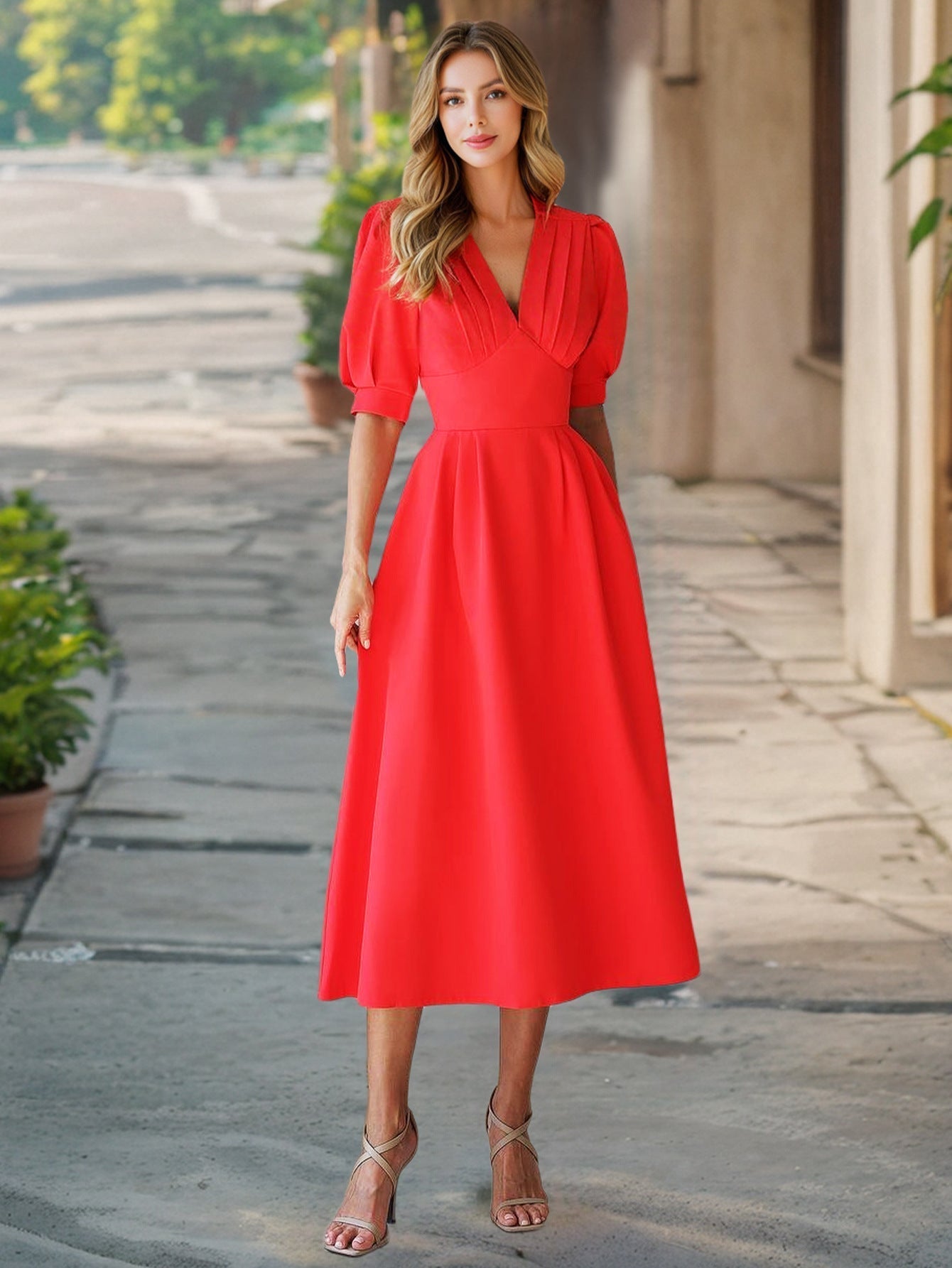 Women's Midi Dress with Puff Sleeves Size