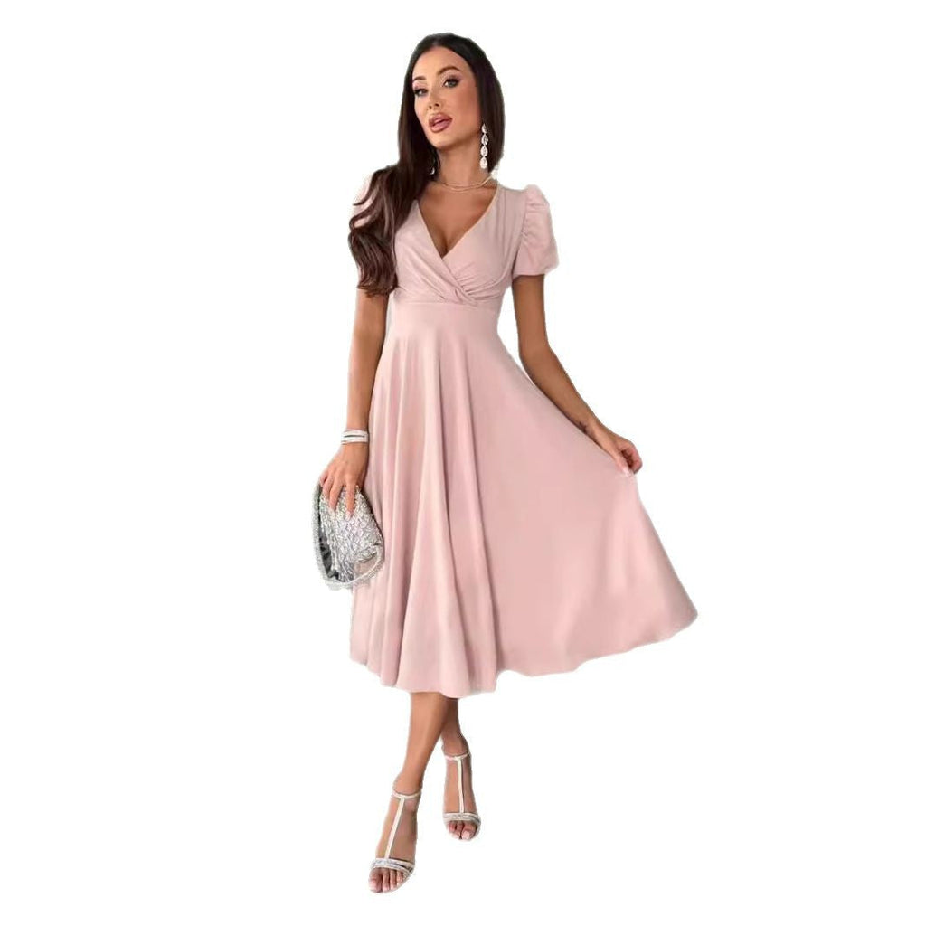 Valenzora | Commuting Solid Color Fitted Puff Sleeve Flared Dress