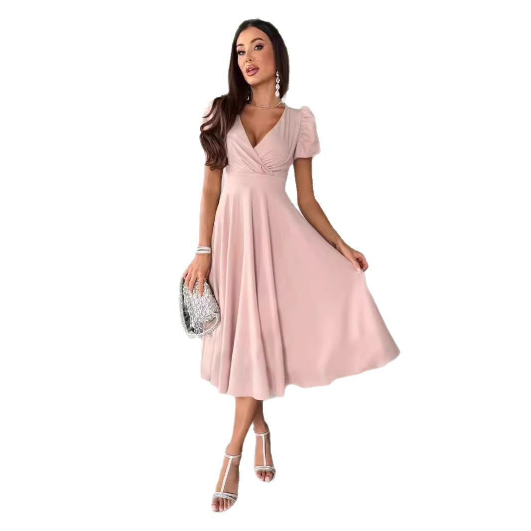 Valenzora | Commuting Solid Color Fitted Puff Sleeve Flared Dress