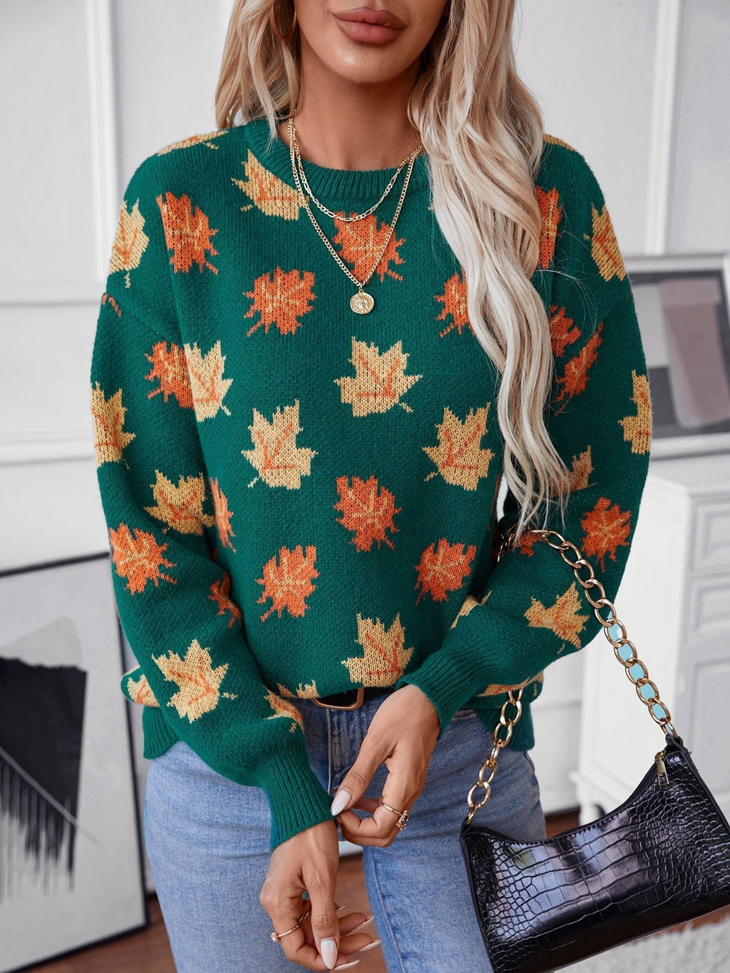 Valenzora Ahornblatt-Jacquard-Freizeitpullover