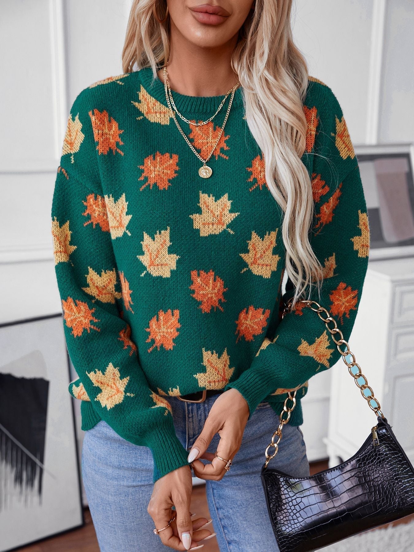 Valenzora Ahornblatt-Jacquard-Freizeitpullover