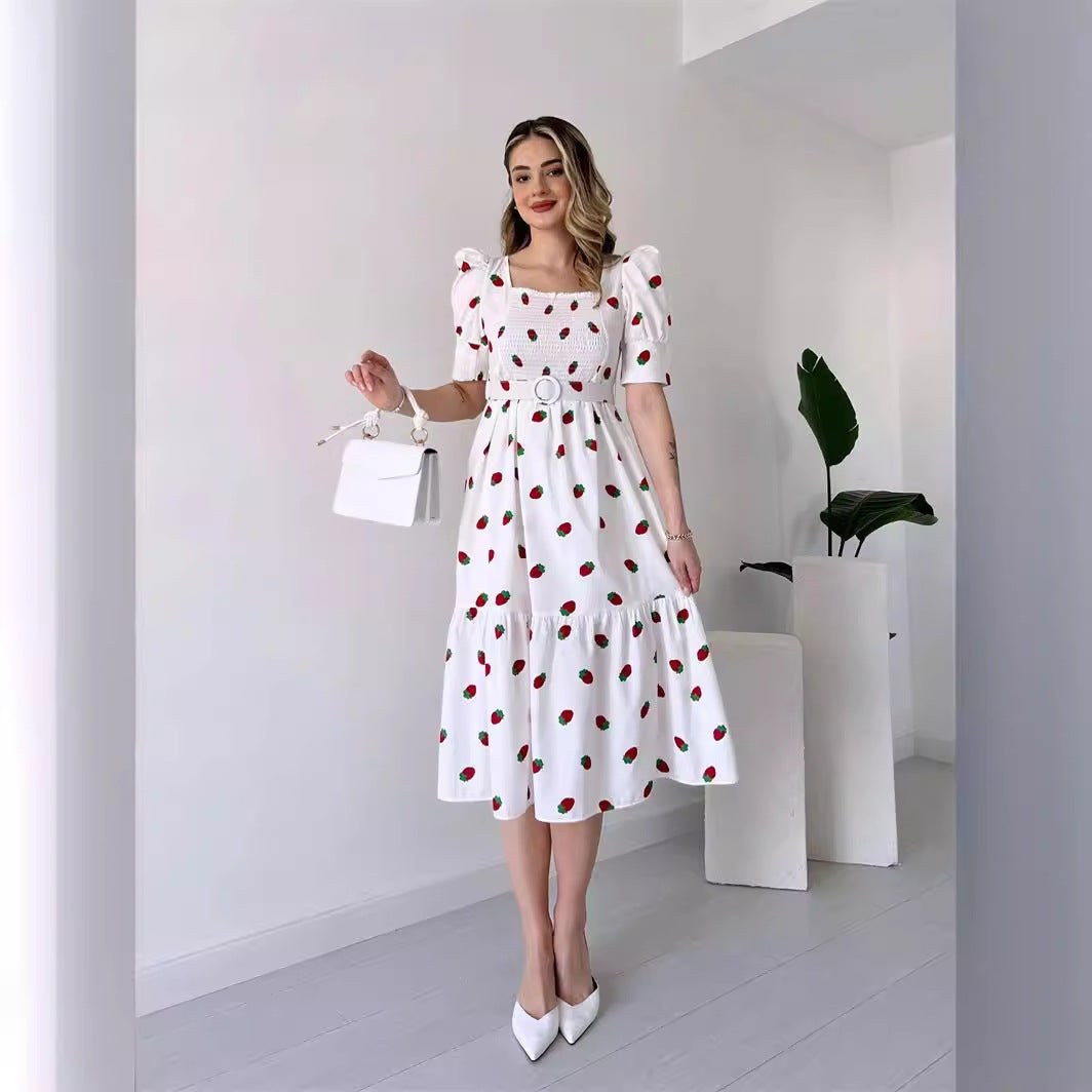 Valenzora | Printed, waist-defining U-neck elegant dress