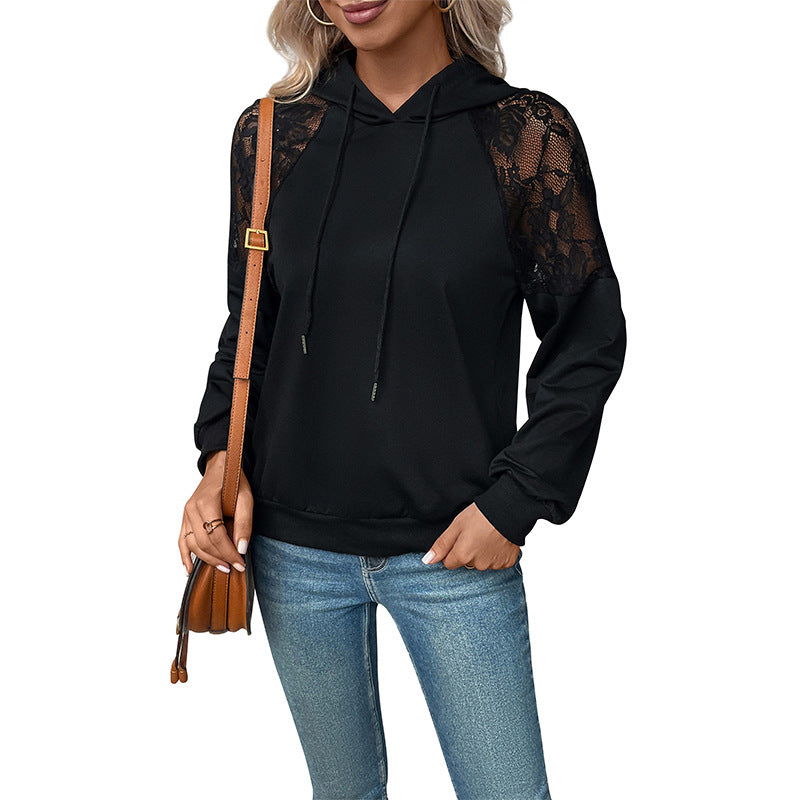 Women's hooded sweatshirt with elegant lace details, size