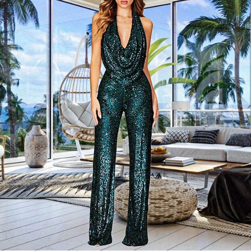 Women's glamorous jumpsuit with shimmering sequin trim and deep V-neck, size S