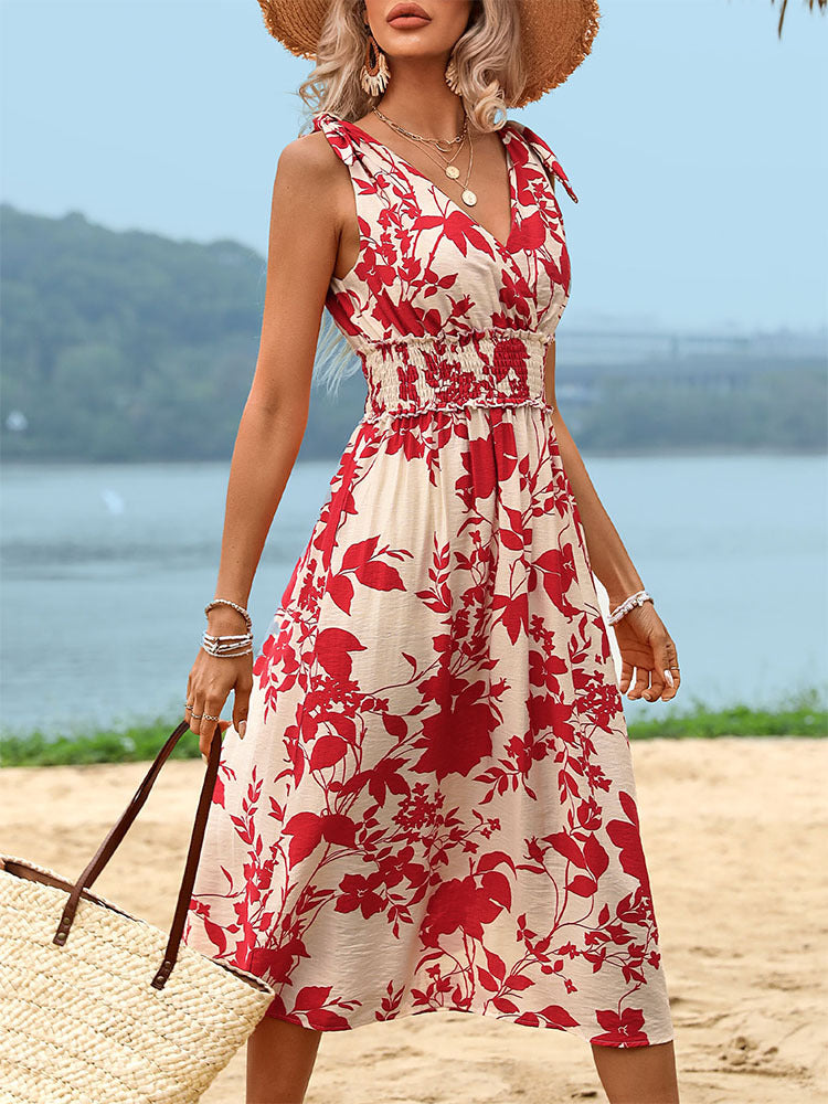 Women's midi dress with floral design and elasticated waist, size