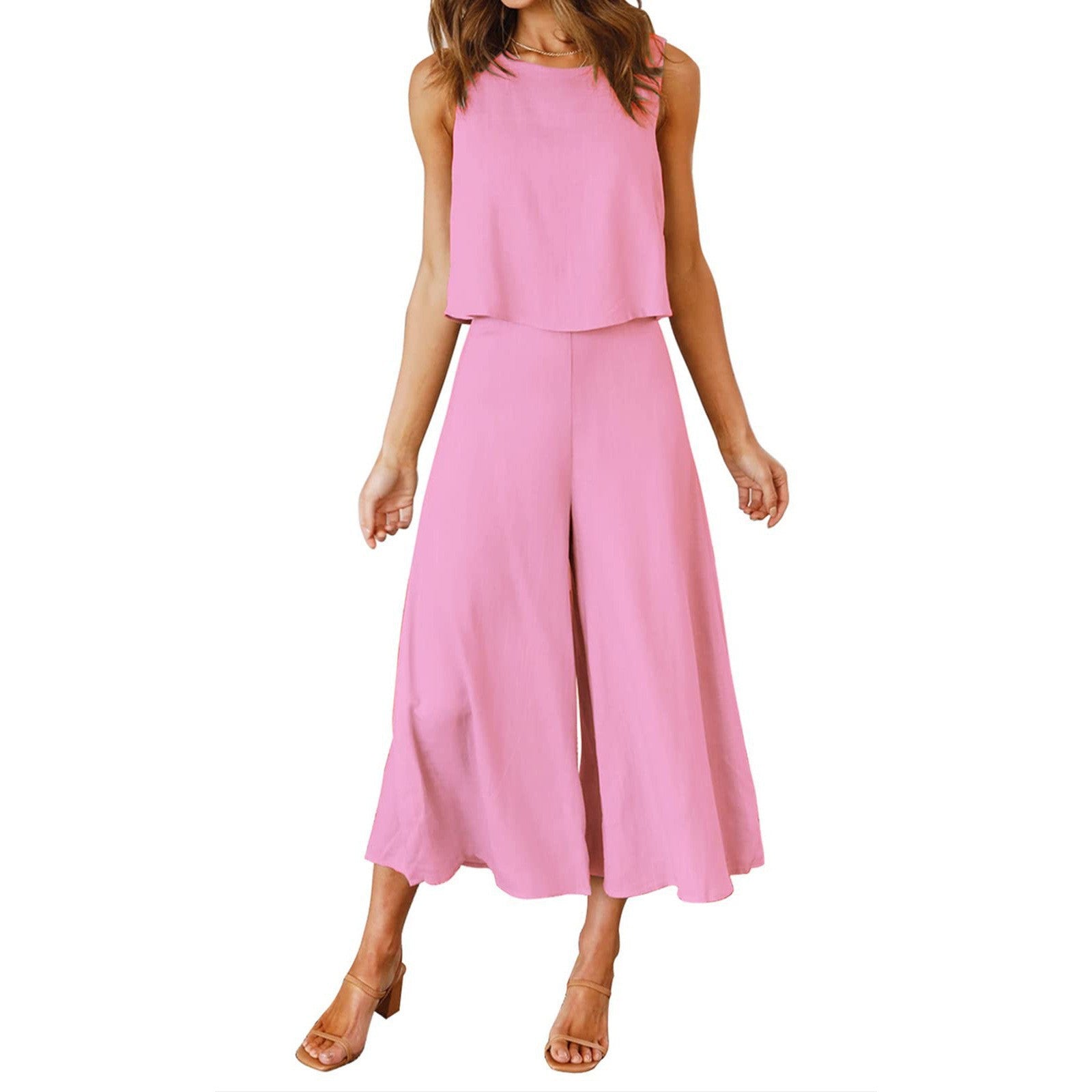 Women's airy jumpsuit with flared leg and sleeveless design, size S