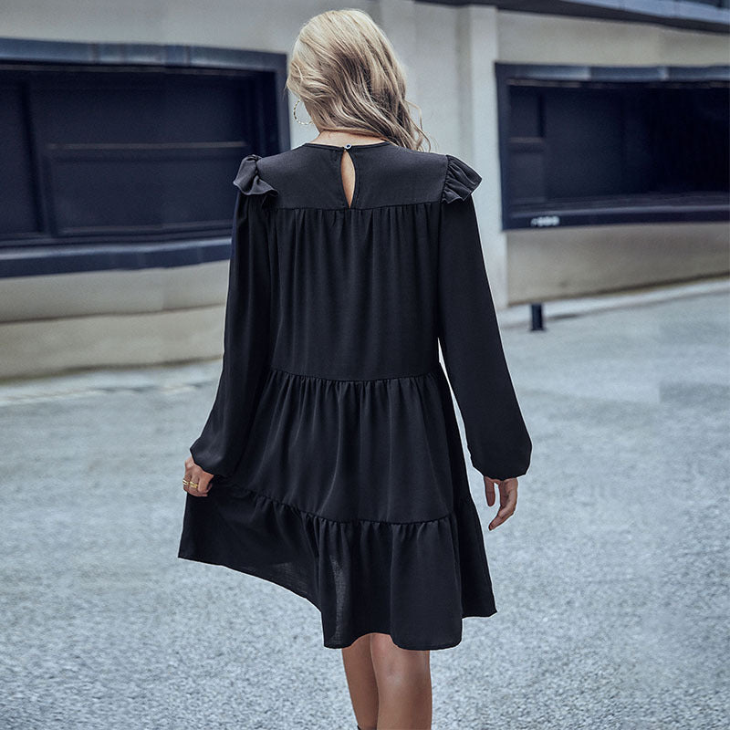Women's midi dress with ruffle details and voluminous skirt, size [size missing]